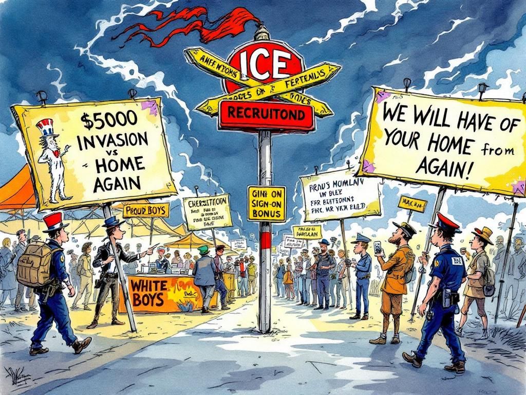 ICE recruitment at gun shows with Proud Boys anthem playing, pardoned Jan 6 insurrectionists lining up to apply