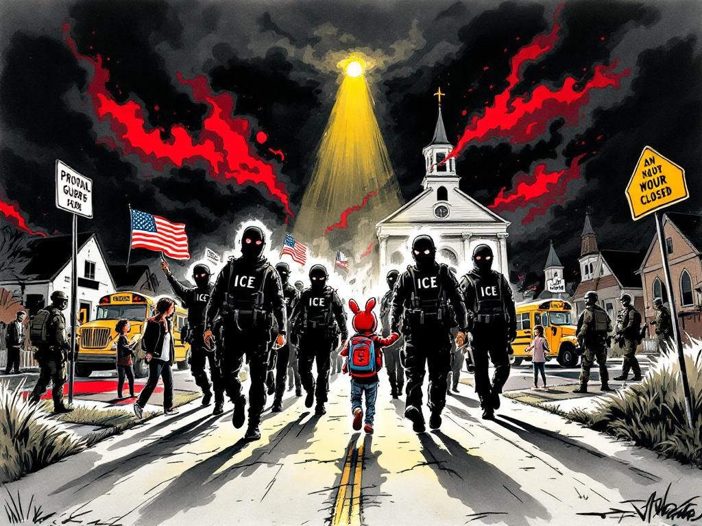 Masked ICE agents marching through a neighborhood, a five-year-old child in Spider-Man backpack stands in their path